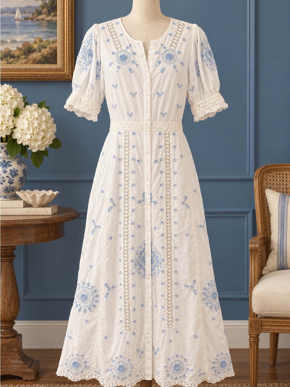 White Cotton Midi Dress with Light Blue Embroidery